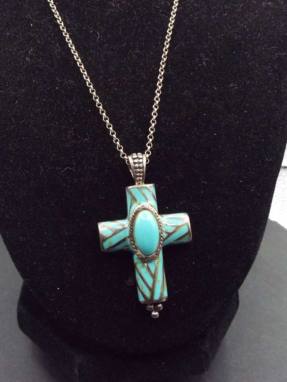 ZUNI SLEEPING BEAUTY TURQUOISE INSETS "OLD RUGGED CROSS" 925 PENDANT NECKLACE 15